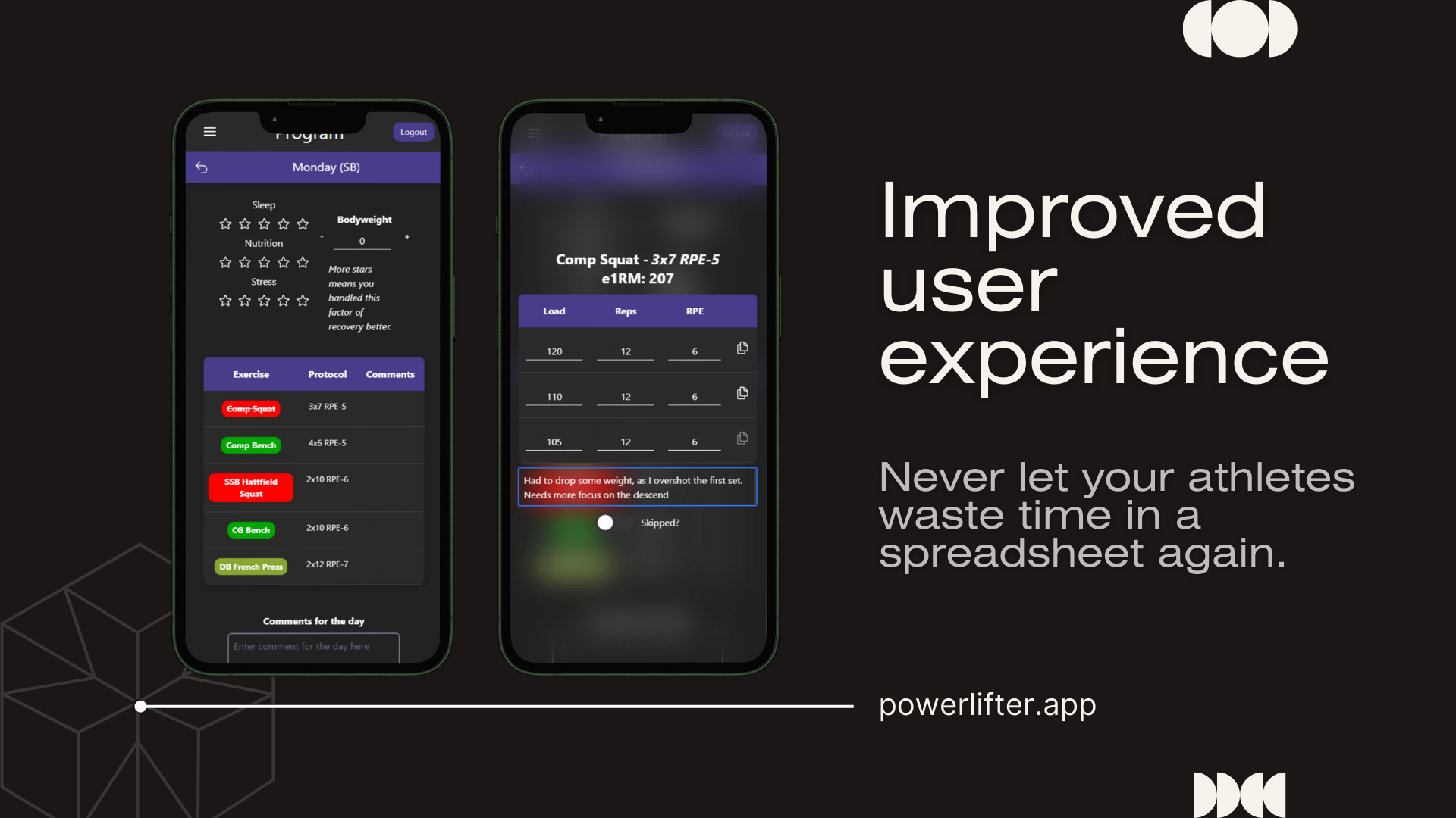 Shows two mobile screens for what the athletes see, to demonstrate an improved user experience.