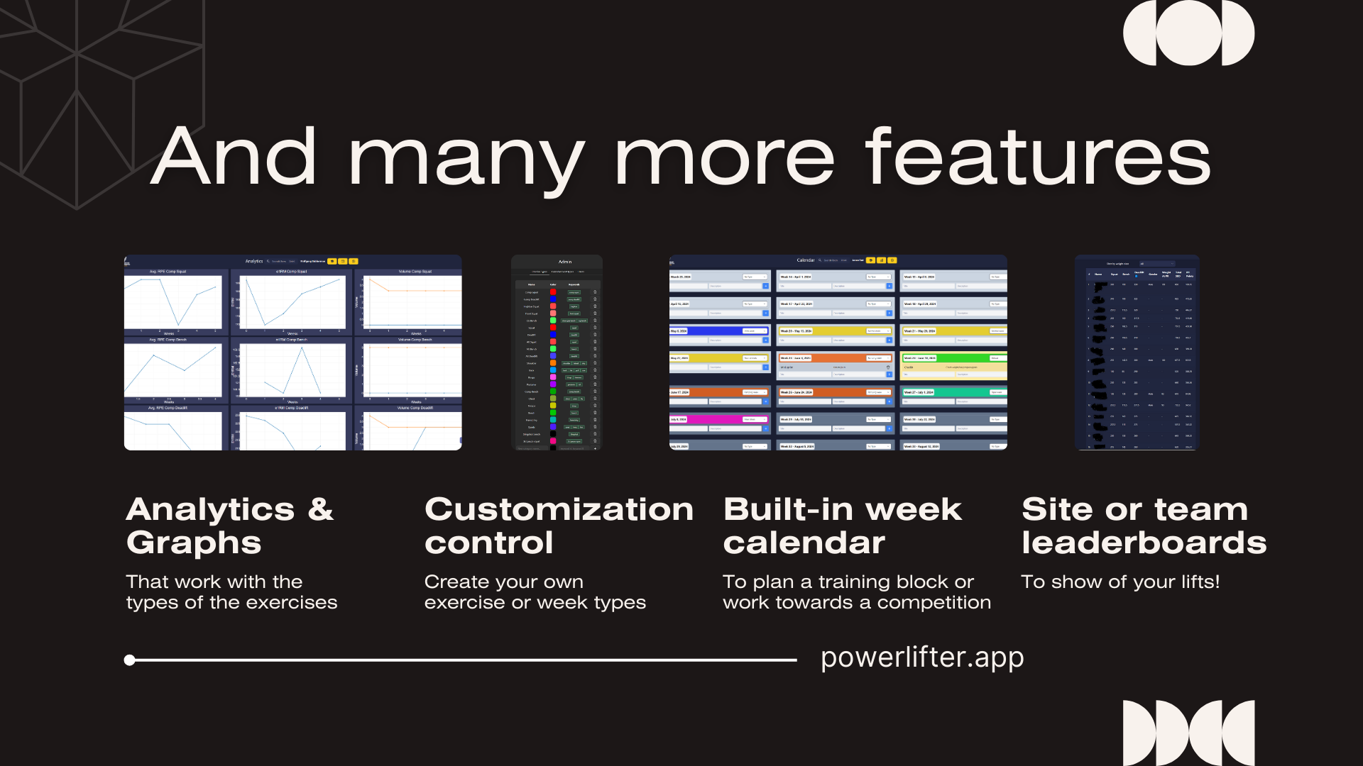 Shows all the other features within the product, like leaderboards, custom exercise types, and more.